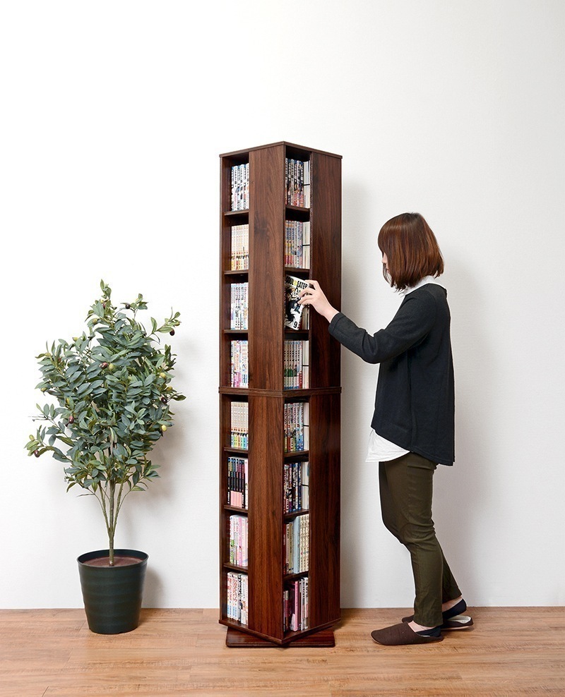 本棚 大容量 おしゃれ 棚 cdラック 回転 木目 コーナー 省スペース ブックラック 収納棚 薄型 コミックラック スリム 漫画収納 回転式本棚 8段