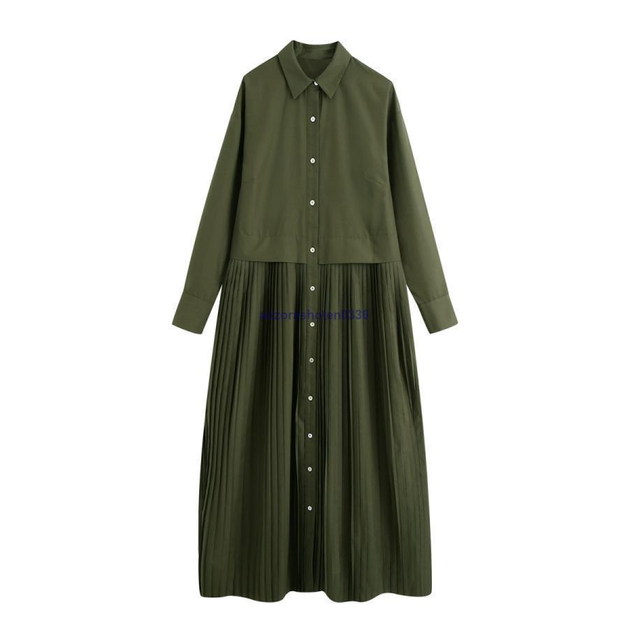 ワンピース レディース 春 秋 40代 50代 長袖 シャツワンピース マキシワンピース ロング グリーン 体型カバー おしゃれ着痩せ OL 通勤