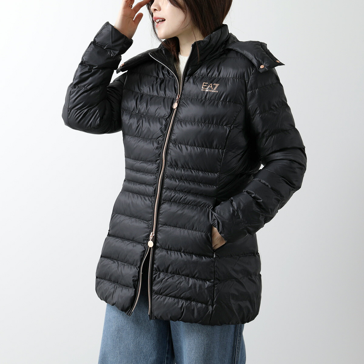 EA7 EMPORIO ARMANI エアセッテ エンポリオアルマーニ エコダウン 6DTK01 TN88Z ナイロン フード付き 中綿 ミディ丈 ロゴ 0210