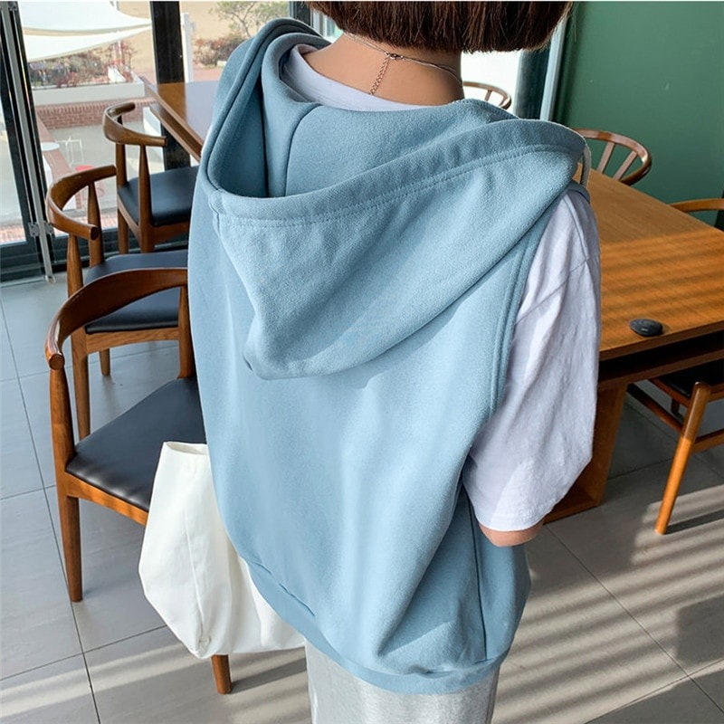 パーカーベスト フード付きベスト パーカー ジレ ベスト ノースリーブ パーカー ポケット 水色 ピンク グレー ブルー 黒 ブラック ルーズ オルチャン 韓国 レディース 大人可愛い カジュアル