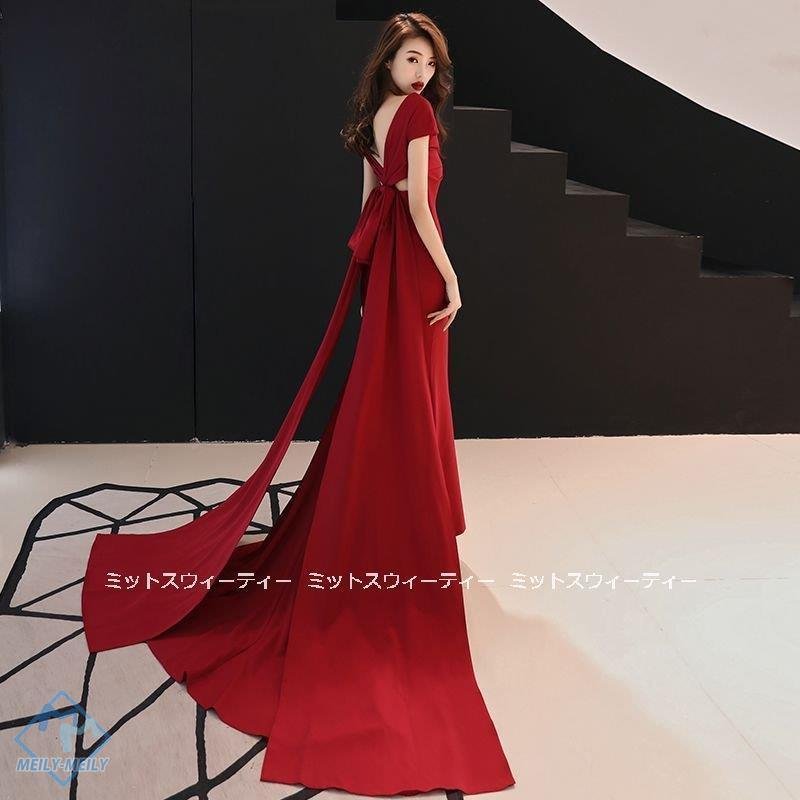 パーティードレス ロングドレス バックリボン 赤 レッド スレンダーライン イブニングドレス トレー