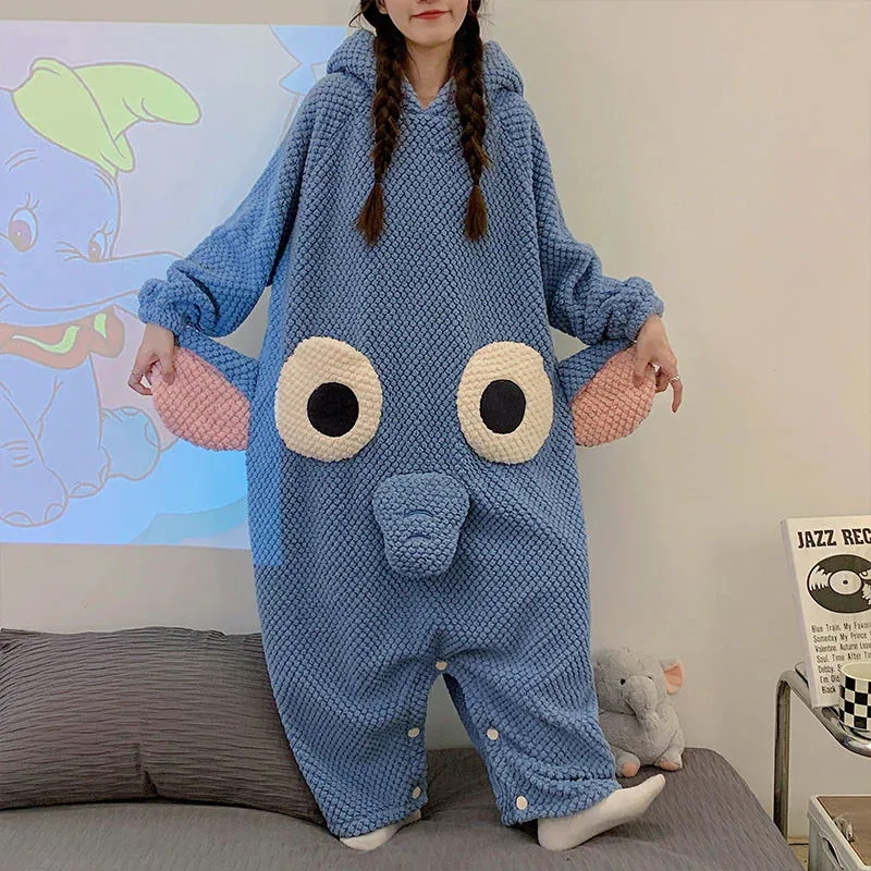 パジャマ ウェア象のキャラクター鼻連体パジャマのギャザーモデルゆったり外着可能連帽部屋着レディース 韓国3046