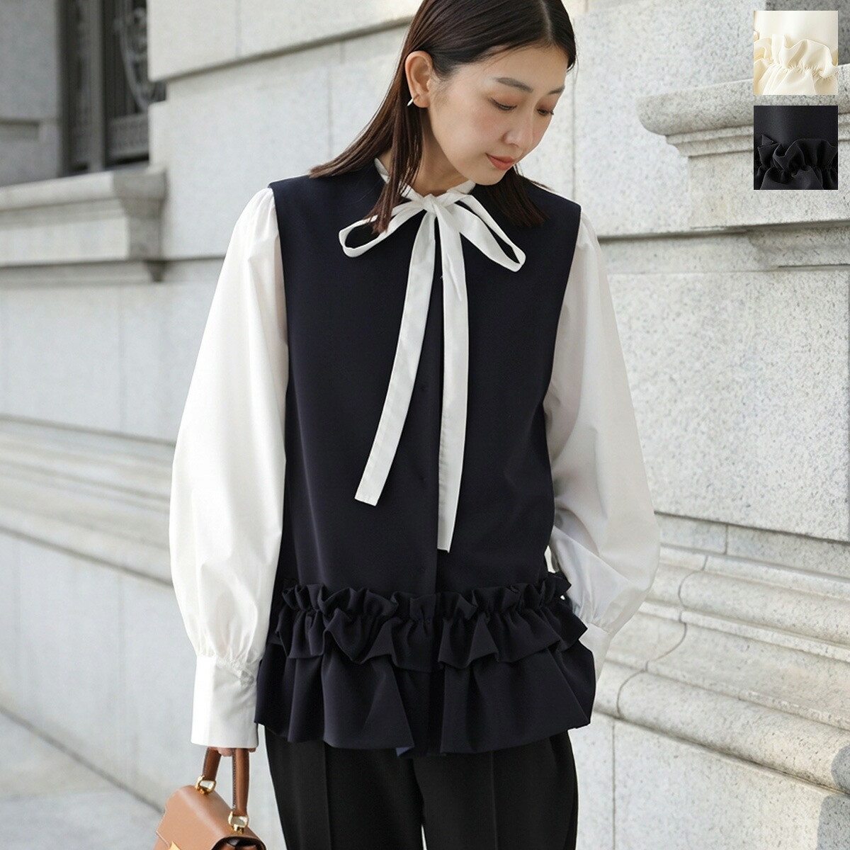 SONO ソーノ ベスト S256JV019 レディース ジレ ダブルフリル ノーカラー ノースリーブ ストレッチ セレモニー対応可 カラー2色