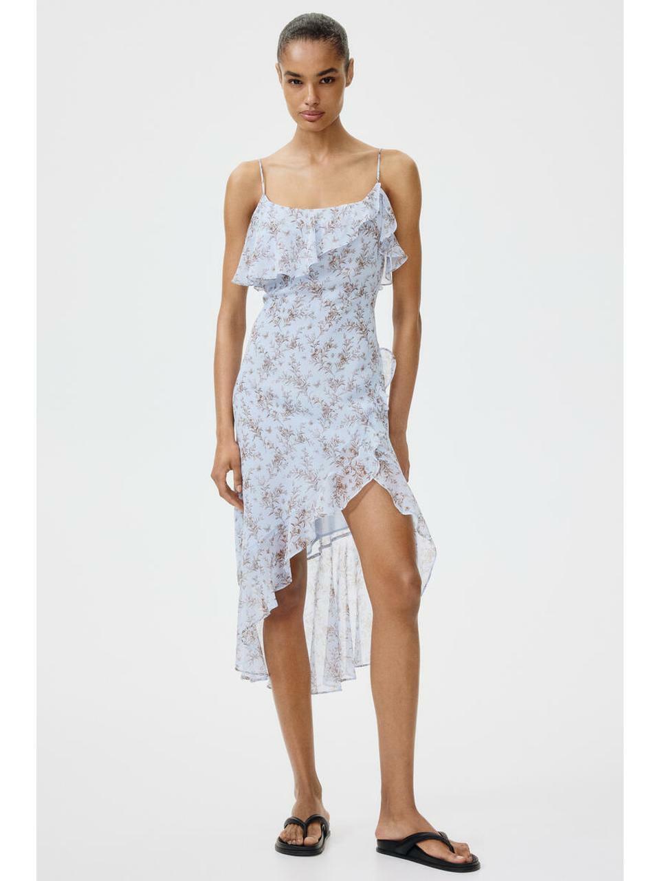 H&M フラウンスストラップドレスライトブルーフローラル 1343934002