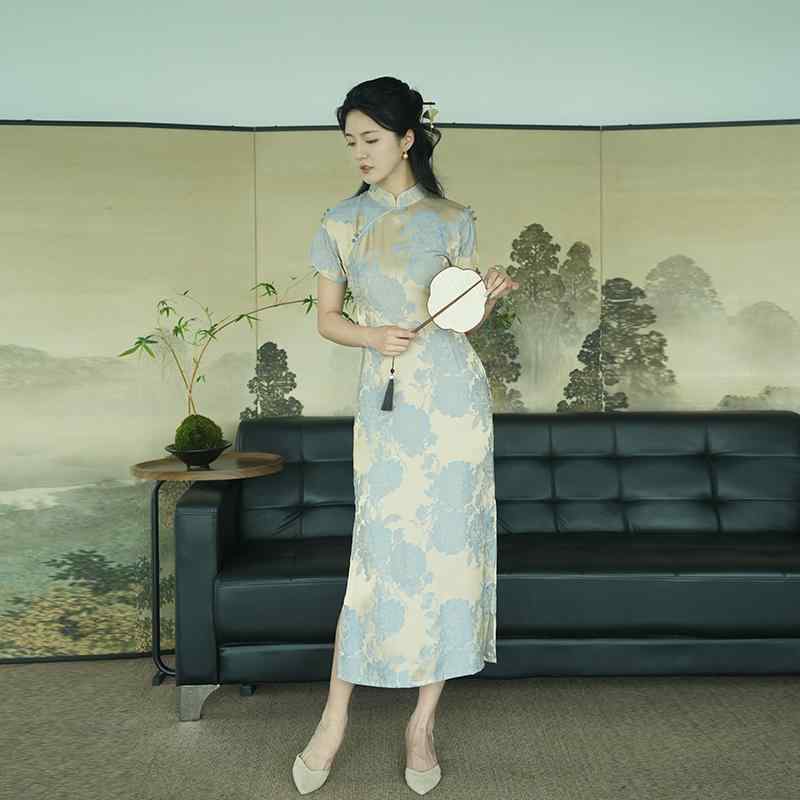 チャイナドレス レディース ワンピース スタンドカラー 牡丹 ジャガード ブルー