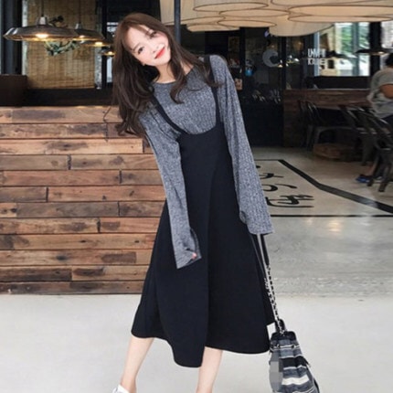 トップス ワンピース デート ニット セーター カットソー フレアワンピース 袖あり 長袖 春 秋 個性的 グレー ブラック M L XL 2XL フリーサイズ こなれ感 レトロ セットアップ