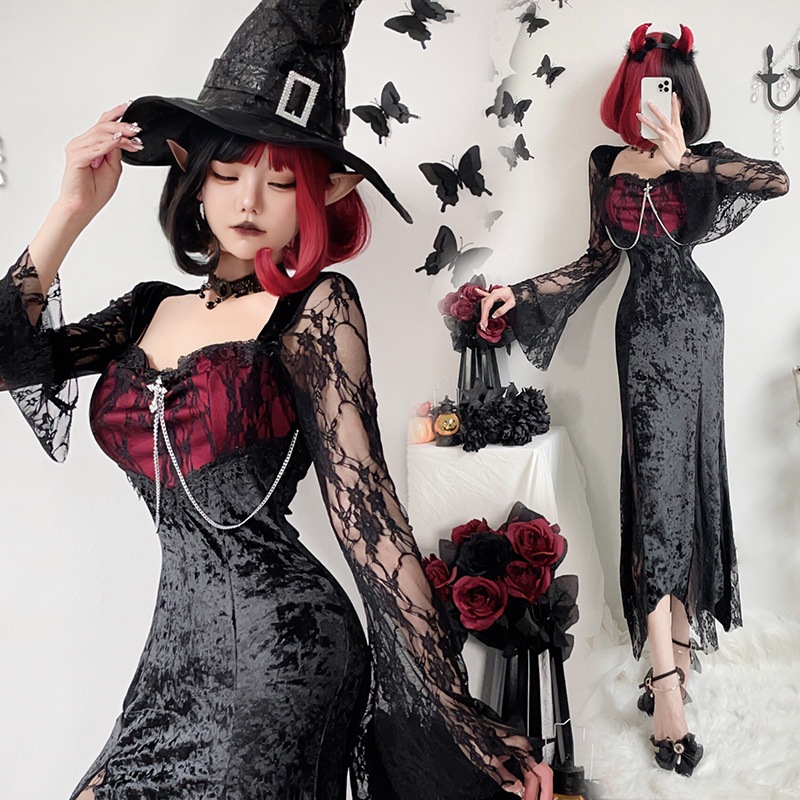 ダークゴシックハロウィンコスチューム黒のドレス女性魔女ロングスカートヴァンパイア花嫁ドレス国境を越えたヨーロッパとアメリカのスタイル