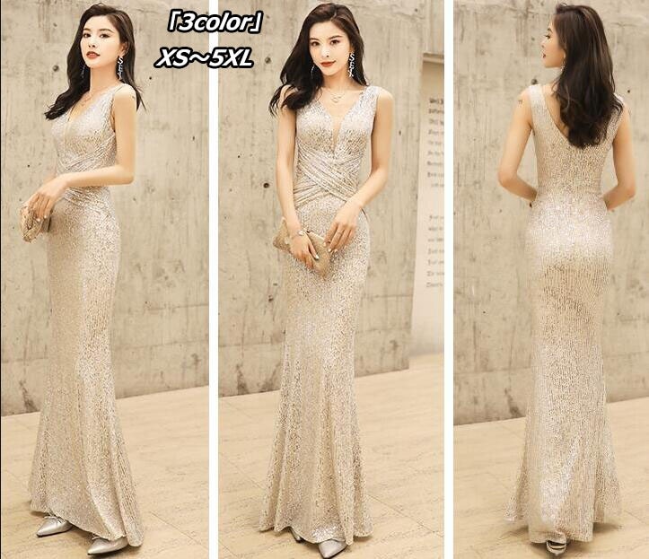 Vネック スパンコール マキシ丈 ゴージャス マーメイドライン タイトワンピース ノースリープ