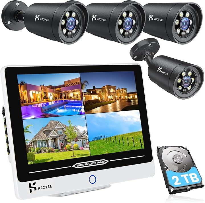 500万画素・夜間カラー撮影 防犯カメラ POE有線接続 増設自由 H.265圧縮 2TB HDD内蔵 IP66防水 暗視撮影( ブラック, 500万画素POEカメラ4台+2TB)