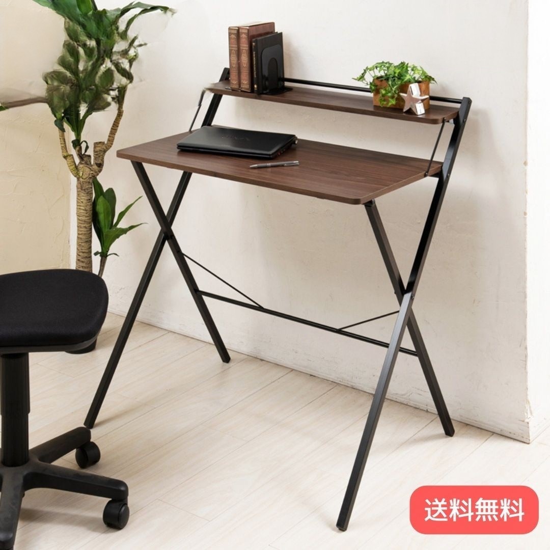 棚付折りたたみワークデスク ハイタイプ ブラウン 幅80cm 折りたたみ式 テーブル 机 木目 収納 テレワーク PCデスク パソコンデスク モダン おしゃれ 9200