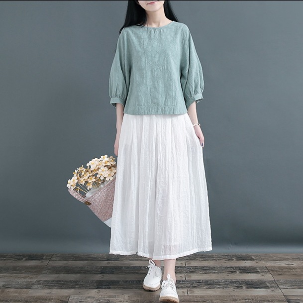 七分袖トップス パステルカラートップス コットン生地トップス ラウンドネックトップス トップス Tシャツ シャツ カットソー 白シャツ 白トップス 袖あり 7分袖 七分袖 長袖 Uネック