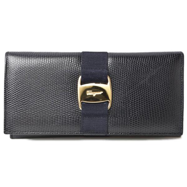 財布 Salvatore Ferragamo 長財布 リボン 型押しレザー ダークネイビー