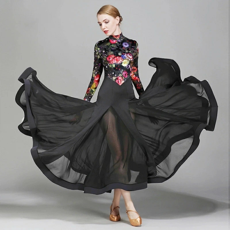 社交ダンス衣装 ラテン衣装 スタンダードドレス ブラック プリント花柄 オシャレ モダンドレス 社交ダンスドレス ワンピース 立ち襟 Aライン 広がる裾 練習着 演出用 S M L XL XXL 8,211円