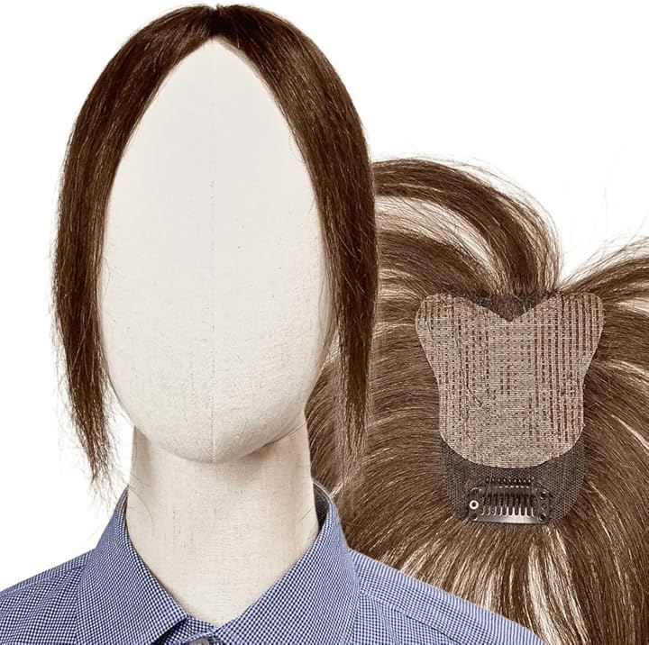 ピンなし 部分ウィッグ 頭頂部 白髪隠し ピン不要 リタッチ 分け目 人毛100% ヘアピース 女性用 手植え つけ毛 (ナチュラルブラウン，前髪未カット, 7x10cm， ピン付き)