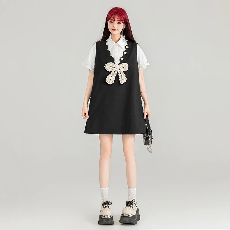 【高品質です】ガーリーフェイクツーピースドレス 24 サマースイートガールスタイル 肉感カバー＆着痩せaラインスカート リトルブラックスカートその他 ワンピース・ドレス