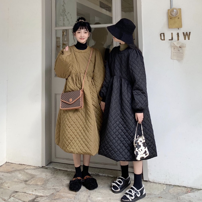 ワンピース キルティングワンピース ワンピドレス ミモレ丈 パフスリーブ ラウンドネック セミフレア 切り替えデザイン ファスナー ハイウエスト キルティング かわいい 大人可愛い シンプル