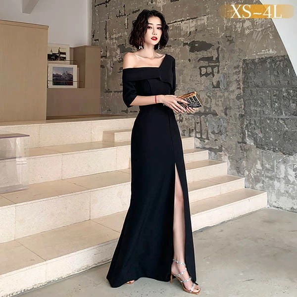 ドレス 大人 ピアノ 発表会 ロングドレス 演奏会 結婚式 母親 アシンメトリードレス ピアノ発表会 黒 袖付き ワンピース 半袖 演奏会ドレス 演奏会用ドレス パーティードレス イブニングドレス ロ