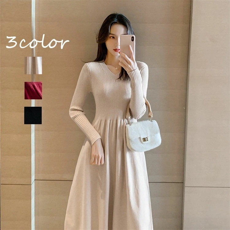 【即納】ニットワンピース レディース 40代 マキシ丈ワンピース Vネック 長袖 秋冬 ニットセーター 無地 プリーツスカート ロング丈 上品 通勤 結婚式ドレス 着痩せ