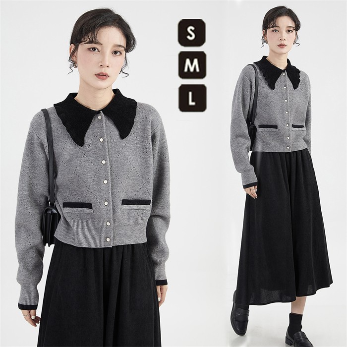 襟付き ニット カーディガン レディース トップス 長袖 ショート丈 S M L ニットセーター セーター バイカラー 秋 冬 ニットシャツ 前開き グレー シンプル ゆったり きれいめ OL あった