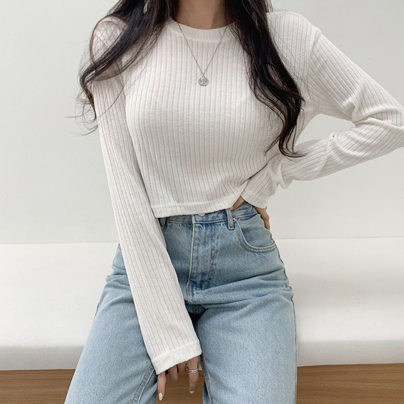 トップス Tシャツ カットソー セーター プルオーバー ショート ショート丈 長袖 ラウンドネック スリム タイト 細身 リブ 薄手 きれいめ シンプル カジュアル 大人 上品 おしゃれ こなれ感