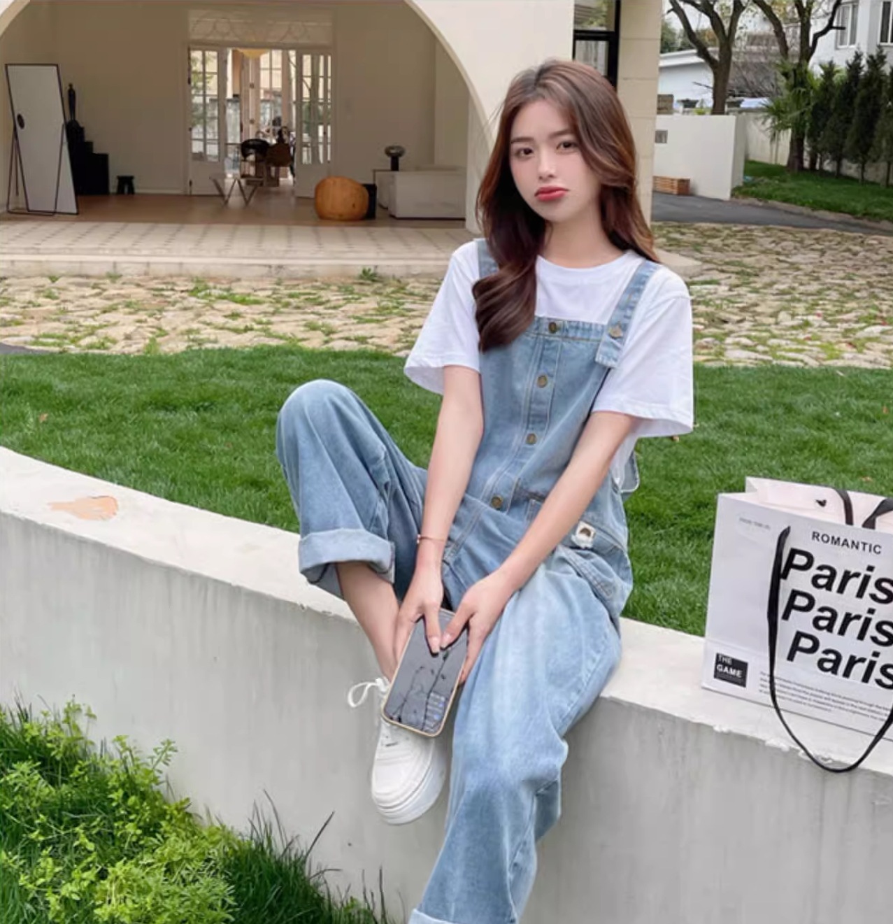 トップス Tシャツ オールインワン サロペット 白シャツ 白トップス 袖あり 半袖 ラウンドネック デニム ブルーデニム 2点セット 大人可愛い シンプル カジュアル 大人 おしゃれ お洒落 大人女子