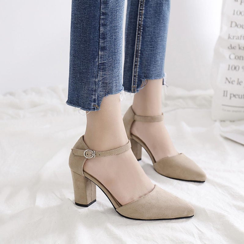 1000円OFFクーポン ポインテッドトゥ 美脚魅せ 7cmヒール ハイヒール アンクルストラップ パンプス セレパート レディース ストラップパンプス おしゃれ きれいめ 美脚 太ヒール スエード