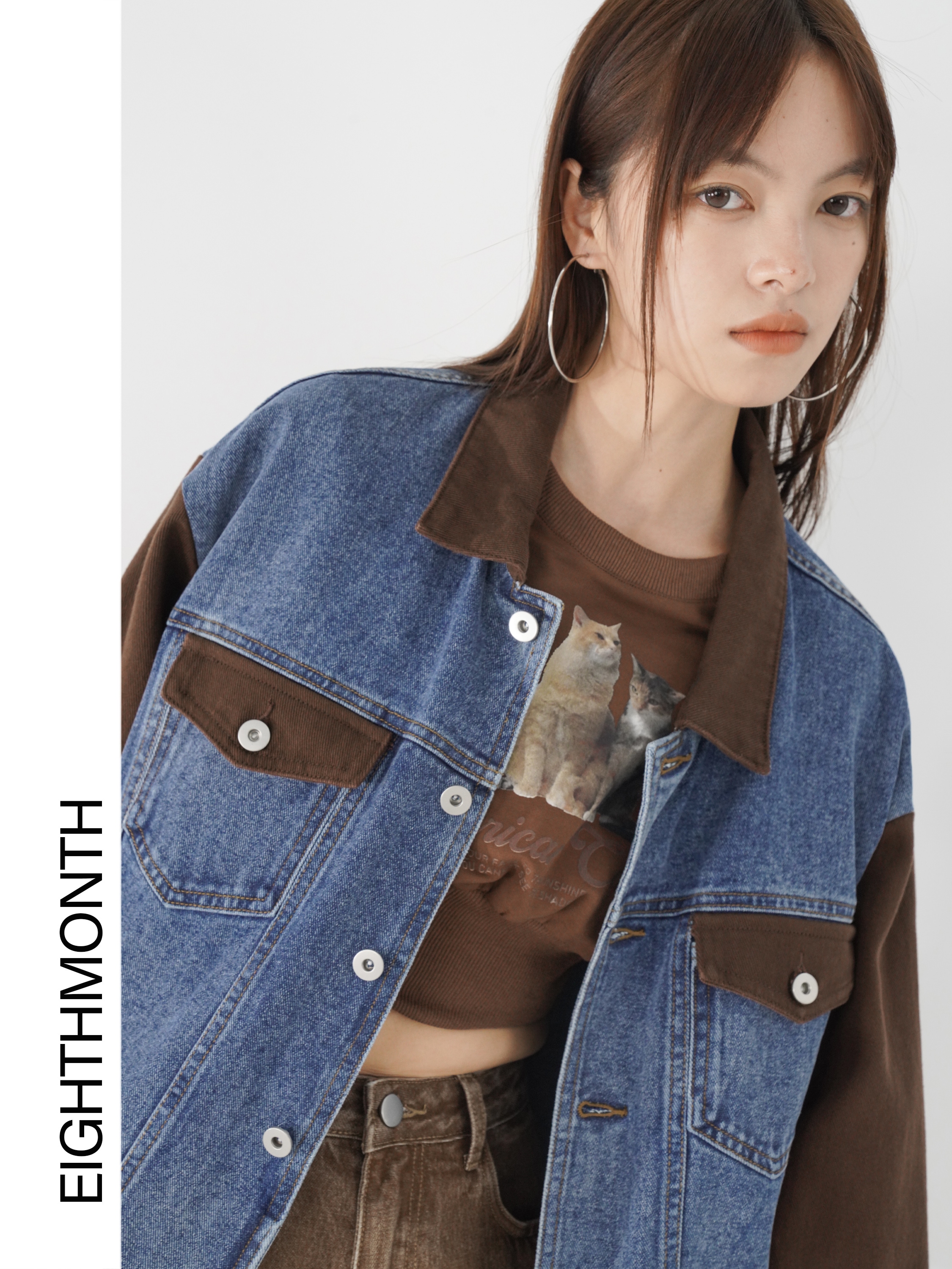 レトロ風 トップス アウター カーディガン ブルゾン ジャケット シャンパー Gジャン 上着 羽織 袖あり 長袖 襟付き 切り替えデザイン 前開き ボタン デニム 異素材MIX かわいい 大人可愛い