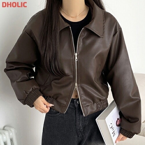 2WAYレザー調クロップドシャーリング長袖ルーズカラージャケットジャンパー・1935409