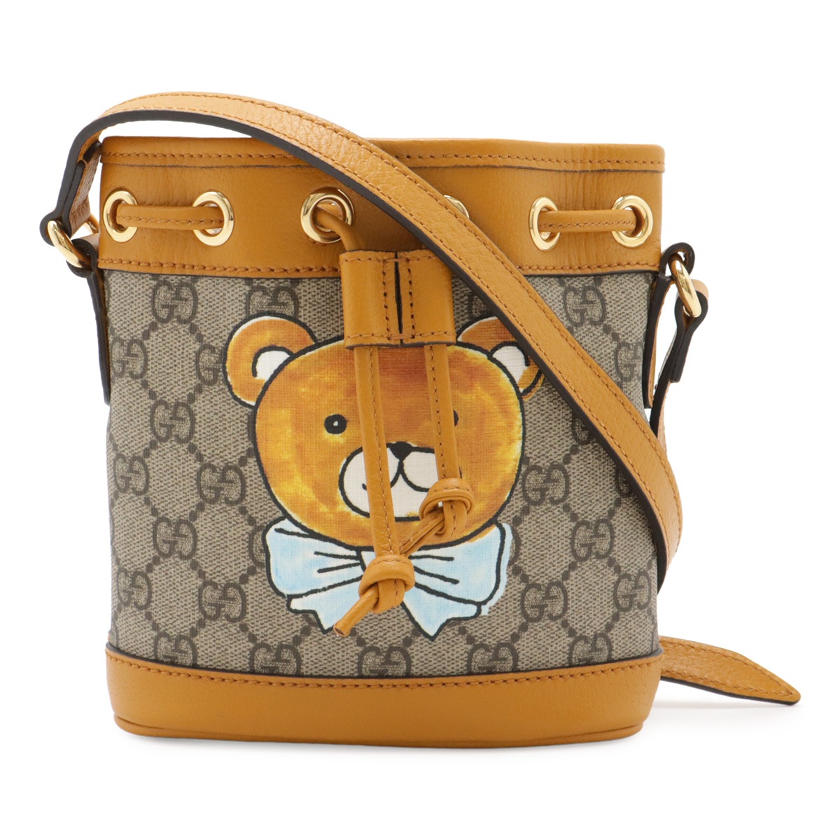 オフィディア KAI×GUCCI GGスプリーム ミニ バケットバッグ ショルダーバッグ 巾着 EXO-KAI コラボ テディベア PVC ベージュ 66030