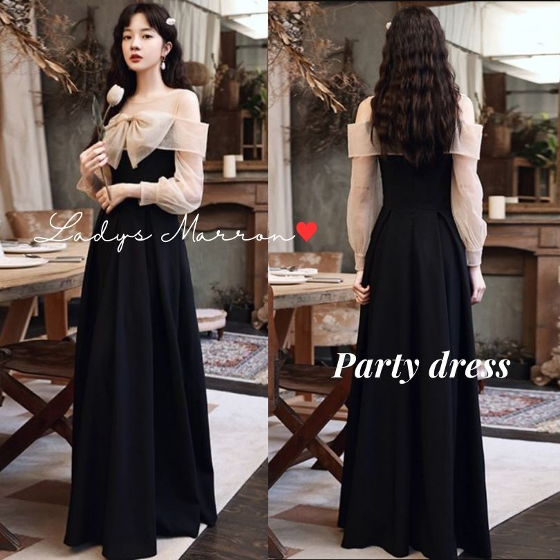 大流行のパーティドレス 黒 結婚式ロングドレス パーティードレスロング 黒ロングドレス 結婚式お呼ばれドレス 同窓会ドレス 成人式ドレス 二次会 結婚式服装 胸元 リボンドレス ロングドレス ロングワ