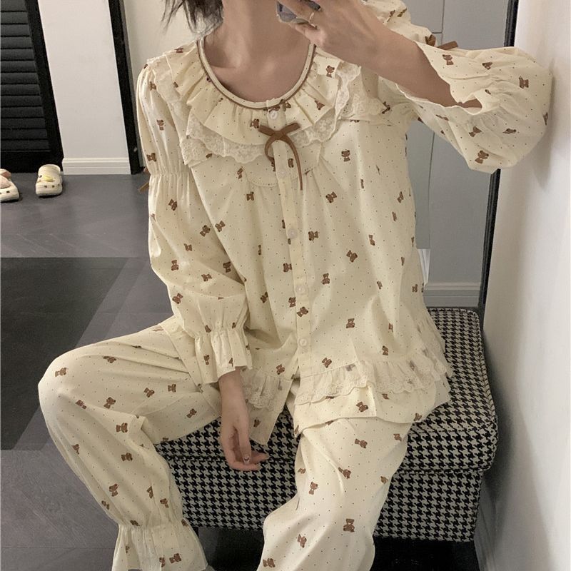 韓国版秋の純綿甘い漫画プリントレースプリンセススタイル長袖ホームウェアパジャマスーツレディースファッション