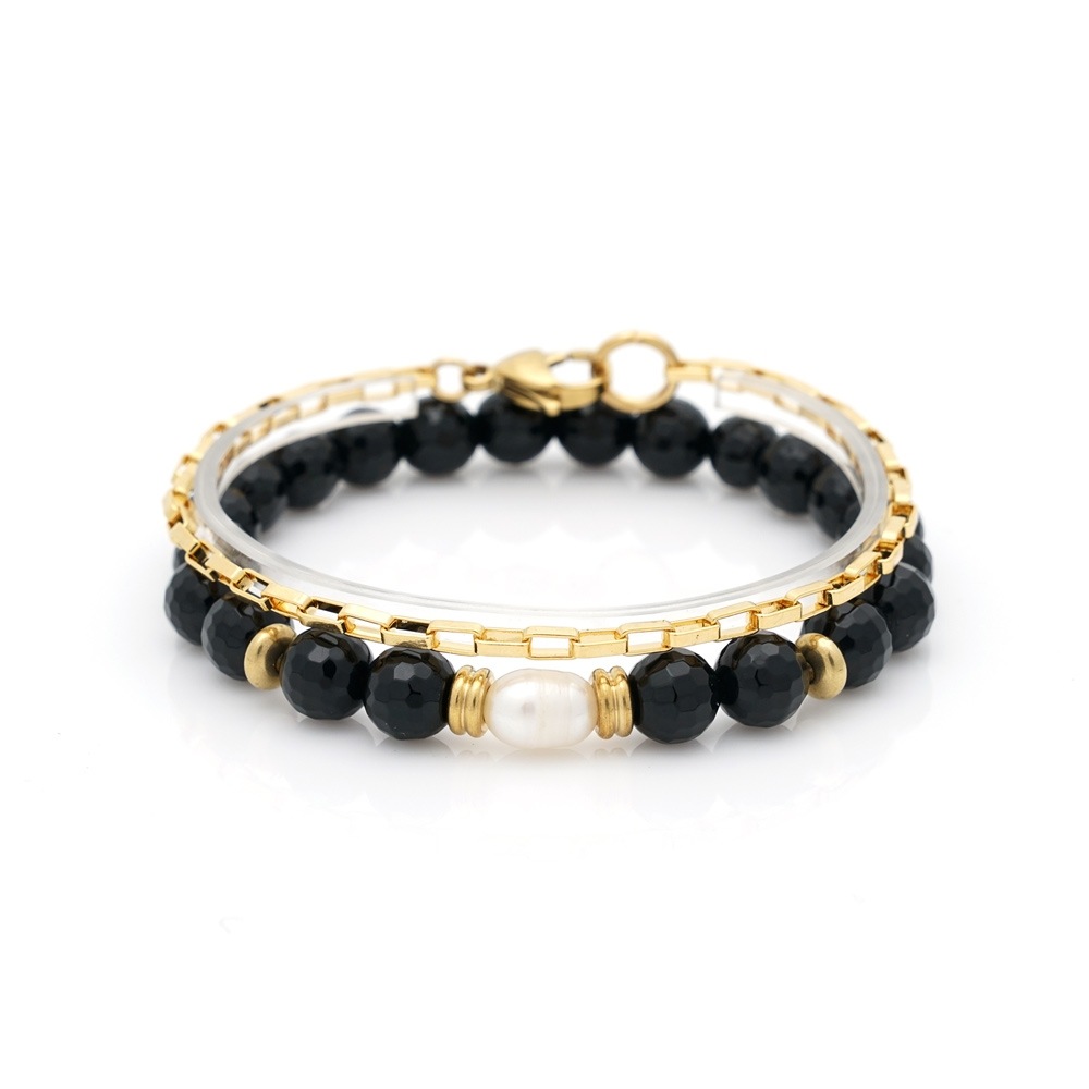 JBANS クラシックゴールドボックスサージカルスチール 664 チェーンパールゴールドブラス 789 ジェムストーンブレスレットセット (C2101-SE219_BK)