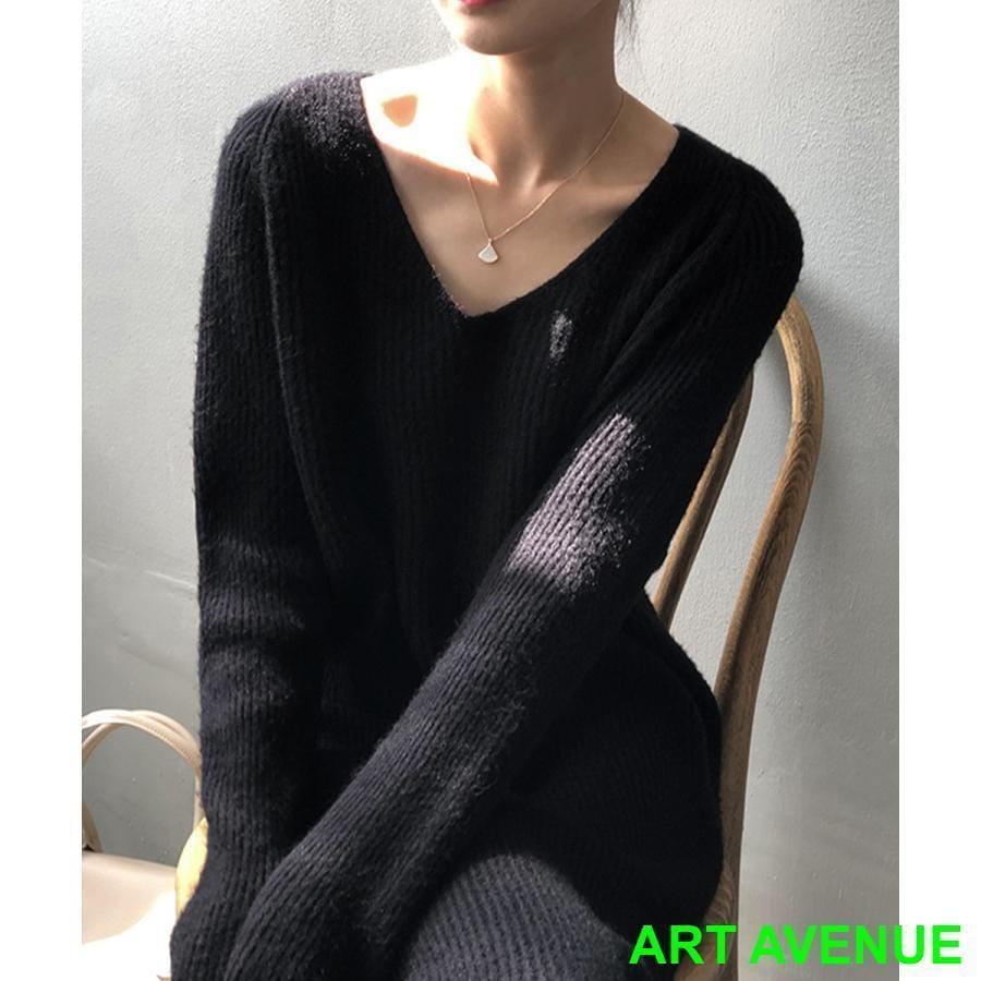 リブニットワンピースVネック レディース