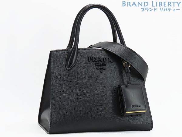 超美品プラダモノクロームサフィアーノレザースモールバッグ2WAYハンドバッグショルダーバッグNEROブラック1BA156