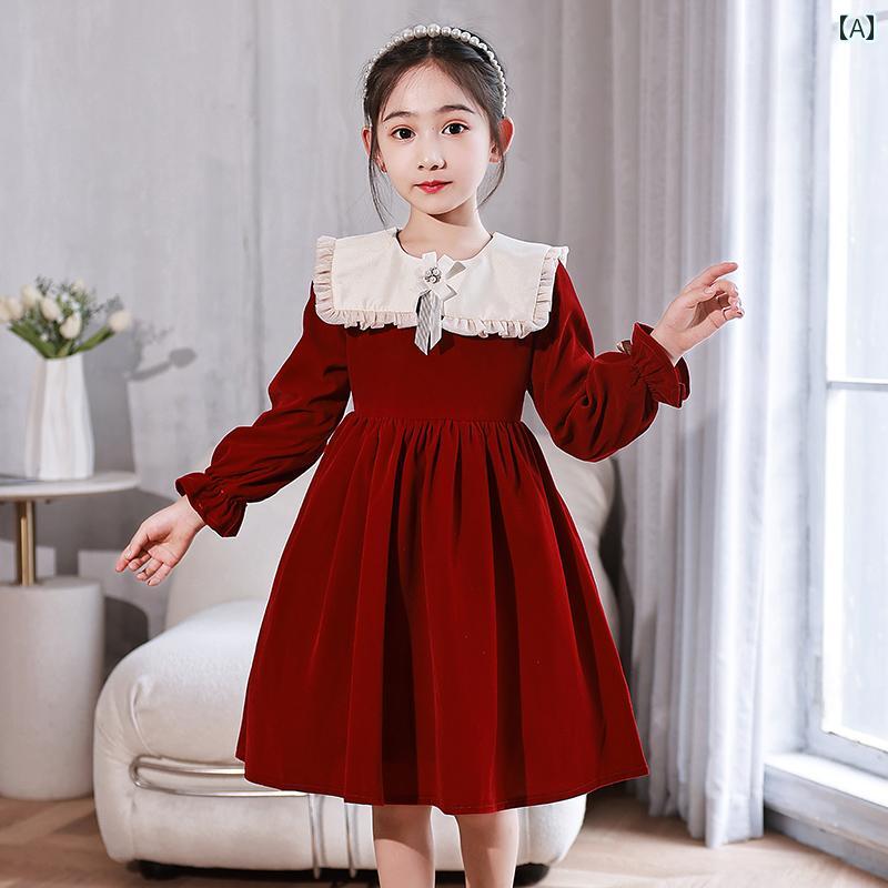 ドレス 女の子 ガール ガーリー 春秋冬 ミニ ドレス 長袖 子供 キッズ プリンセス お姫様 レッド 服 フリル フレア スカート 角襟 袖リボン パーティー イベント クリスマス会 発表会