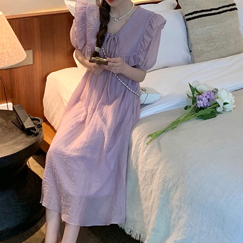 ドレススカートレディース夏シックロングドレスマタニティドレス夏フレンチフェアリースカートファッションマタニティドレス ワンピース フレアワンピース ミモレ丈 半袖 ボリューム袖 Vネック ストレート