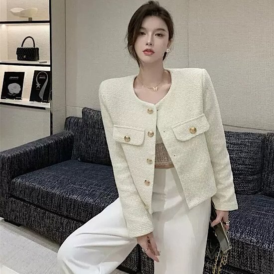 【取寄：納期2週間】ジャケット ツイードジャケット ゴールドボタン ノーカラー 優雅 上品 羽織り レディース 春 6,134円