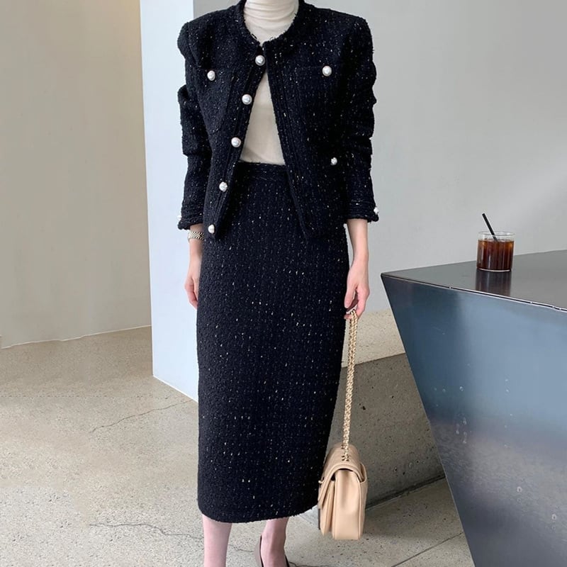 セットアップ ジャケット 上着 2点セット スーツ ツイード メランジ ショート丈 タイトスカート パールボタン ペンシルスカート クラシカル 格子柄 膝上 袖あり 長袖 上下セット lsu0114