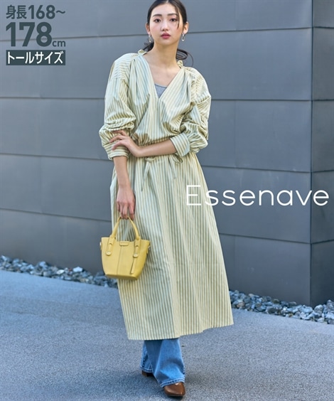 ロング・マキシ丈/半袖 高身長　ストライプシャツワンピース トールサイズ Essenave