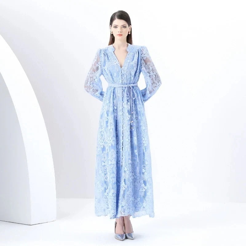 刺繍レースロングワンピース（輸出向け・ベルテッド） 入学式 卒業式 結婚式 演奏会 パーーティー お呼ばれドレス