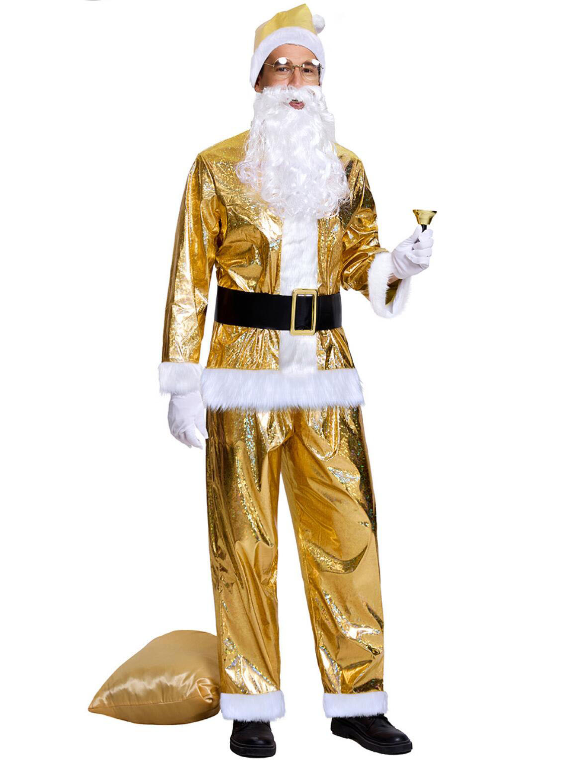 サンタクロース 衣装 メンズ 新作 クリスマス サンタ コスプレ衣装 金色 ゴールド ピカピカ 帽子 髭 手袋等付き 6点セット 華やか ハロウィン Christmas 10点セット選べる