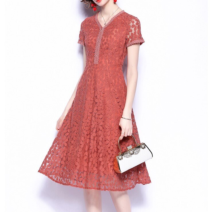 ワンピース 半袖 春 夏 春夏 きれいめ かわいい aライン フレアスカート ひざ丈 マキシ丈 Vネック 襟なし フレア スリム 細身 ストレート 切り替えデザイン スマート レース 前開き ピンク