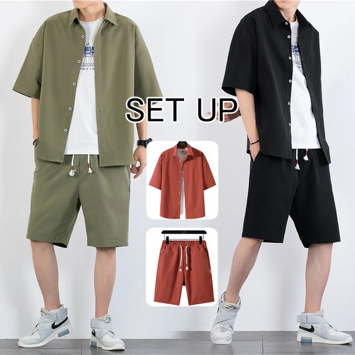 セットアップ メンズ 上下セット 夏 セットアップ 半袖 大きいサイズ メンズ セットアップ メンズ 半袖 夏 夏服 シャツ ハーフパンツ ポリエステル ブラック M L XL メンズファッション
