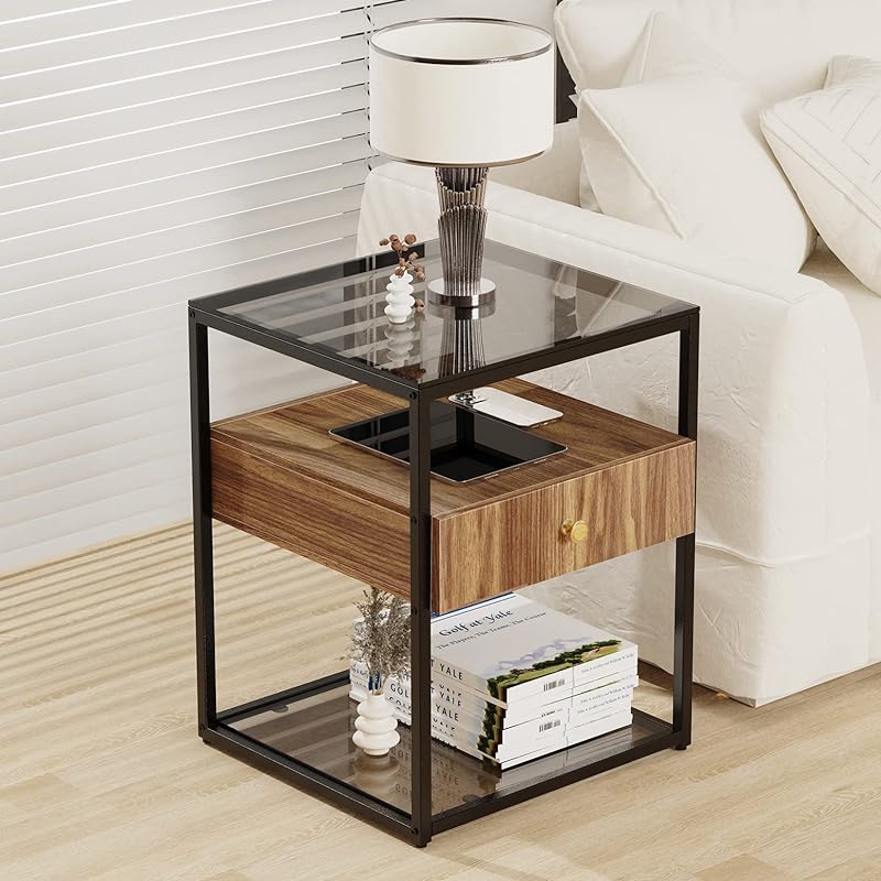 Artloge サイドテーブル ナイトテーブル 引き出し ガラス ベッドサイドテーブル おしゃれ ソファ横 ベッド横 サイドチェスト 収納 北欧 コンパクト 幅43奥行43高さ54