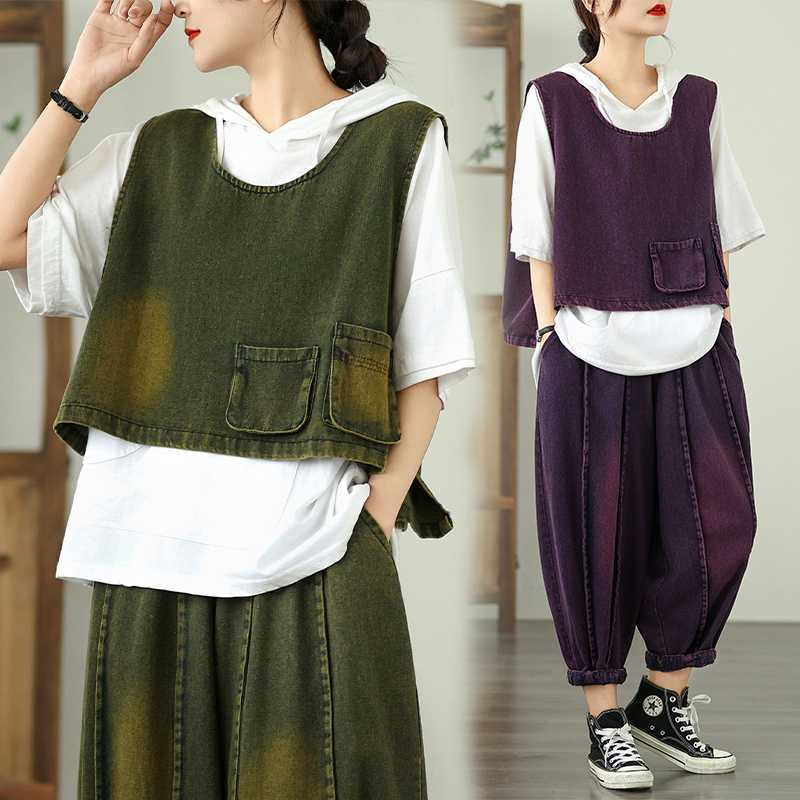 「ファットガール」 夏 大きいサイズ デニムベスト + キュロットパンツ セット 体型カバー レディース