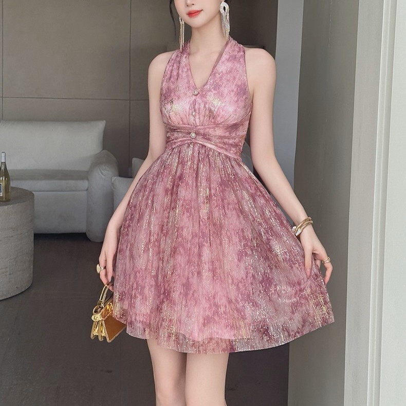 ドレス ワンピース パーティー 演奏会 発表会 ステージ 舞台 衣装 演劇 ラウンジ ミニ ショート 膝上 袖なし Vネック ホルターネック スリム フレア 細身 Aライン シフォン ウエストマーク