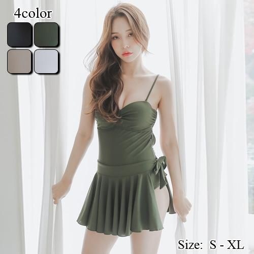 【グラシア】 水着 モノキニ レディース ビーチウェア スイムウェア 流行 海 プール フレア ナチュラル ブラック ホワイト カーキ グリーン S M L モノキニ