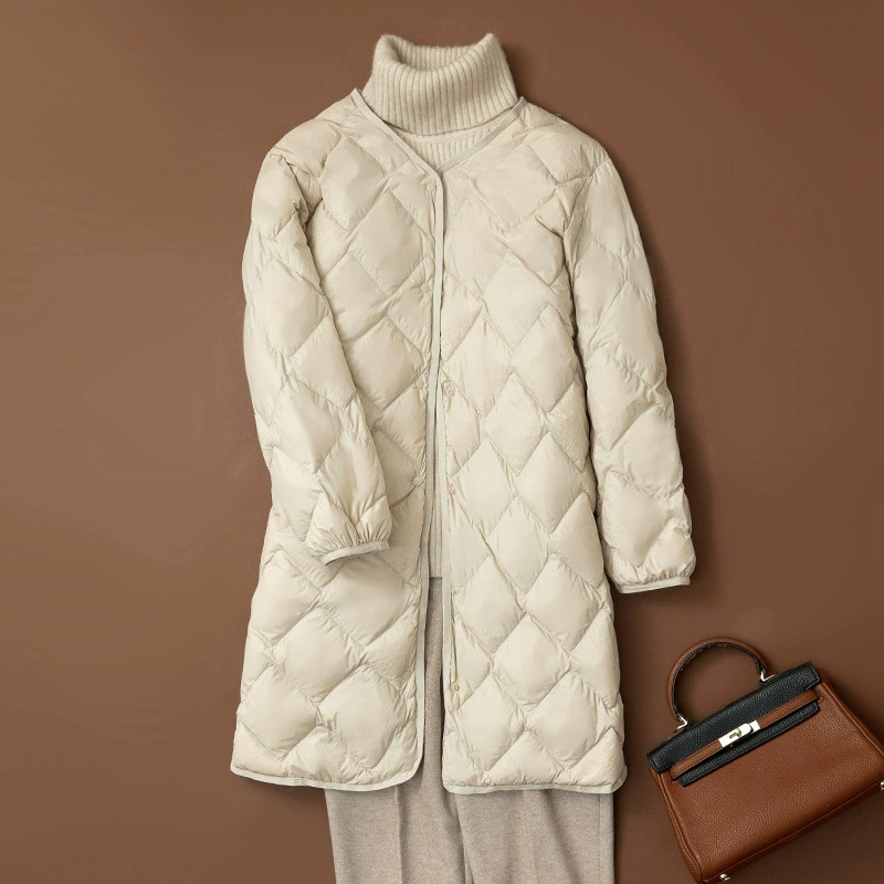 軽量 Vネック ロング ダウンジャケット 女性用 2025年 秋冬 新作 韓国風 トレンド アウター