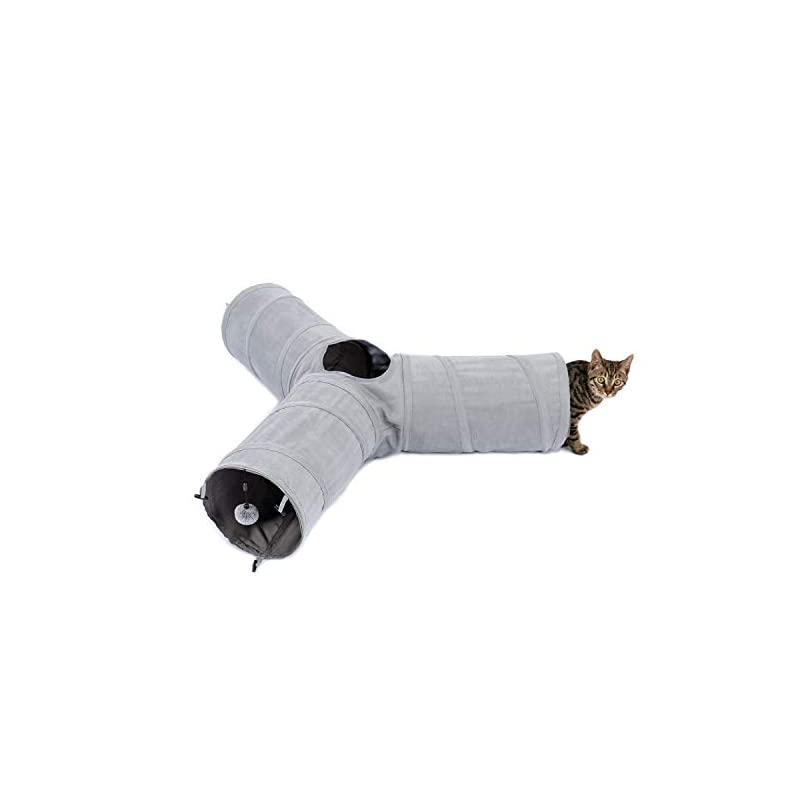 猫トンネル キャットトンネル 猫のおもちゃ 折り畳み式 ぽんぽん付き トンネル 三通 グレー