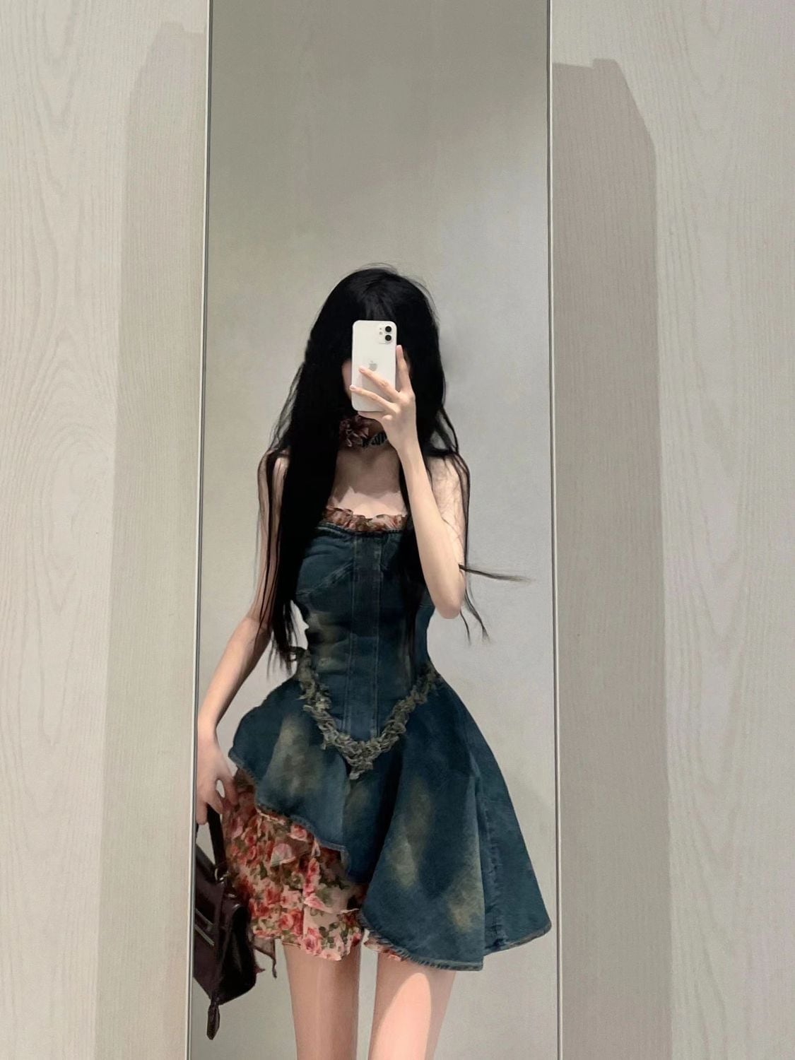 夏女性用ストラップレスデニムドレスエレガントウエストを細くする小柄なふくらみあるスカート